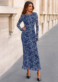 PRETTYGARDEN Women's Floral Bodycon Maxi Dress Fall Elegant Mesh Long Sleeve Formal Wedding Guest Cocktail Dresses