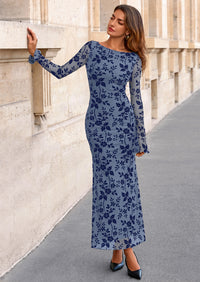 PRETTYGARDEN Women's Floral Bodycon Maxi Dress Fall Elegant Mesh Long Sleeve Formal Wedding Guest Cocktail Dresses