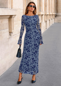 PRETTYGARDEN Women's Floral Bodycon Maxi Dress Fall Elegant Mesh Long Sleeve Formal Wedding Guest Cocktail Dresses