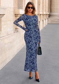 PRETTYGARDEN Women's Floral Bodycon Maxi Dress Fall Elegant Mesh Long Sleeve Formal Wedding Guest Cocktail Dresses