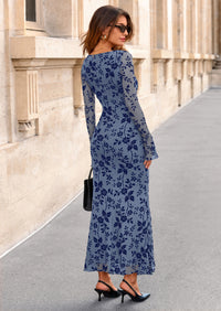 PRETTYGARDEN Women's Floral Bodycon Maxi Dress Fall Elegant Mesh Long Sleeve Formal Wedding Guest Cocktail Dresses