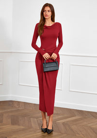 PRETTYGARDEN Women's Fall Wedding Guest Cocktail Midi Dresses Elegant Long Sleeve Bodycon Ruched Dress Fashion Clothing