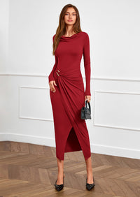 PRETTYGARDEN Women's Fall Wedding Guest Cocktail Midi Dresses Elegant Long Sleeve Bodycon Ruched Dress Fashion Clothing