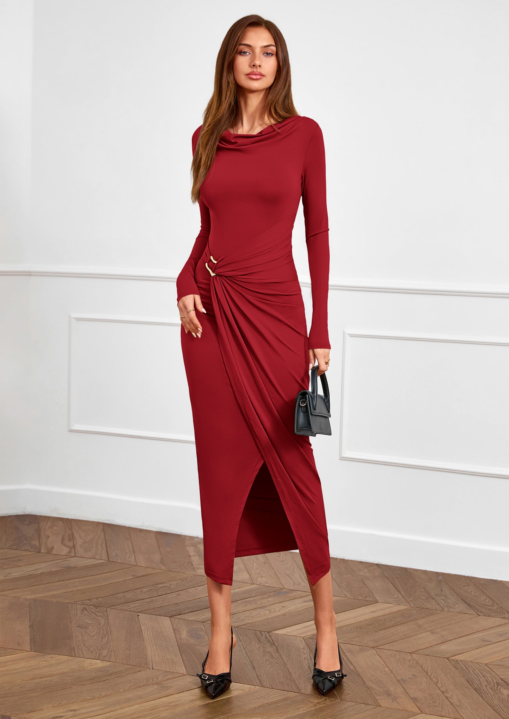 PRETTYGARDEN Women's Fall Wedding Guest Cocktail Midi Dresses Elegant Long Sleeve Bodycon Ruched Dress Fashion Clothing