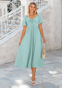 PRETTYGARDEN Summer Dress for Women Casual Short Sleeve Bow Tie V Neck Ruffle Midi Flowy Dresses