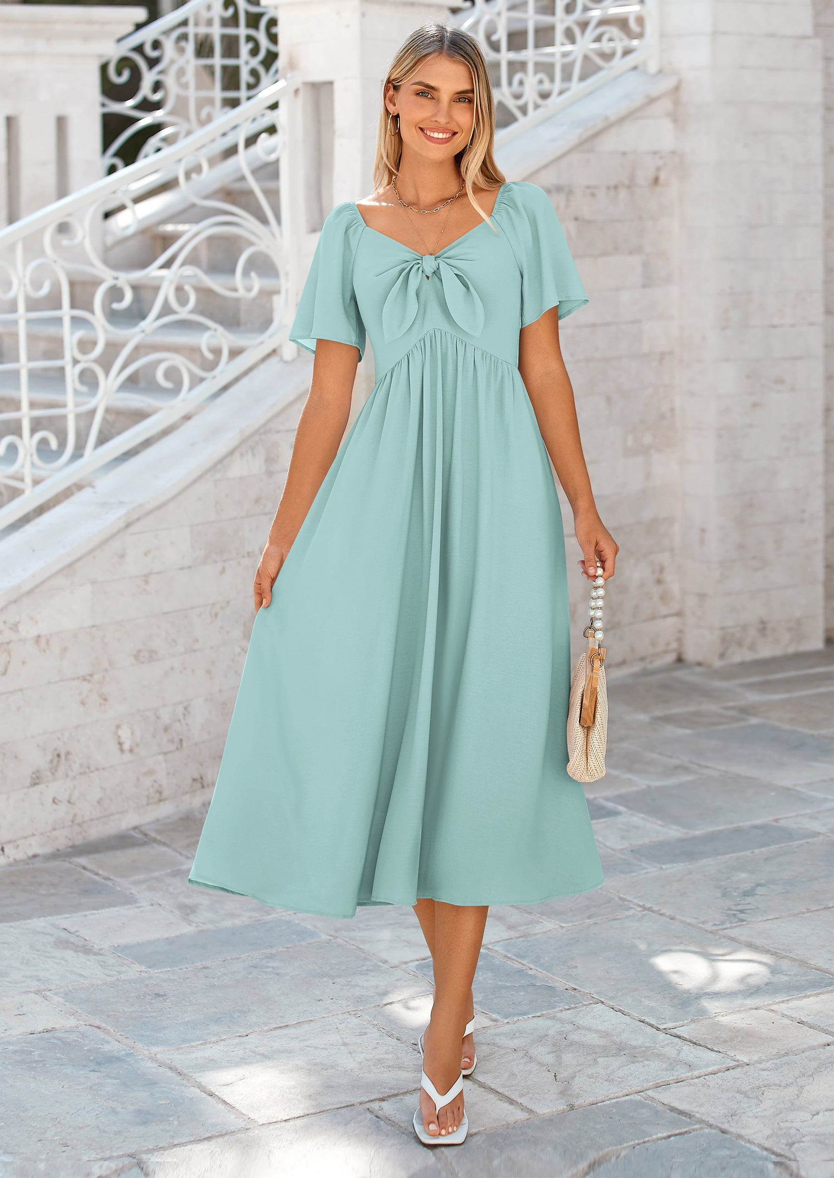 PRETTYGARDEN Summer Dress for Women Casual Short Sleeve Bow Tie V Neck Ruffle Midi Flowy Dresses