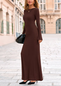 PRETTYGARDEN Women's Fall Fashion Long Sleeve Maxi Dress Ribbed Knit Boat Neck Bodycon Casual Dresses Going Out Outfits