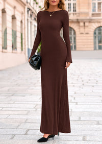 PRETTYGARDEN Women's Fall Fashion Long Sleeve Maxi Dress Ribbed Knit Boat Neck Bodycon Casual Dresses Going Out Outfits