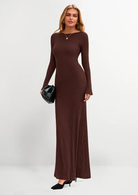 PRETTYGARDEN Women's Fall Fashion Long Sleeve Maxi Dress Ribbed Knit Boat Neck Bodycon Casual Dresses Going Out Outfits