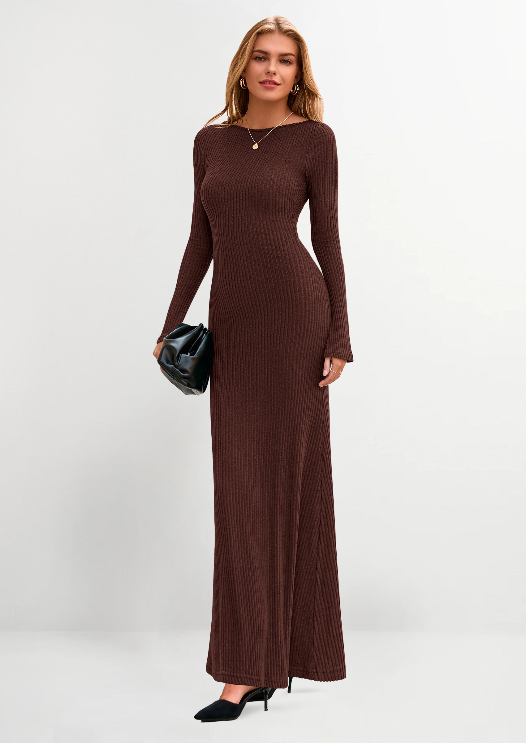 PRETTYGARDEN Women's Fall Fashion Long Sleeve Maxi Dress Ribbed Knit Boat Neck Bodycon Casual Dresses Going Out Outfits