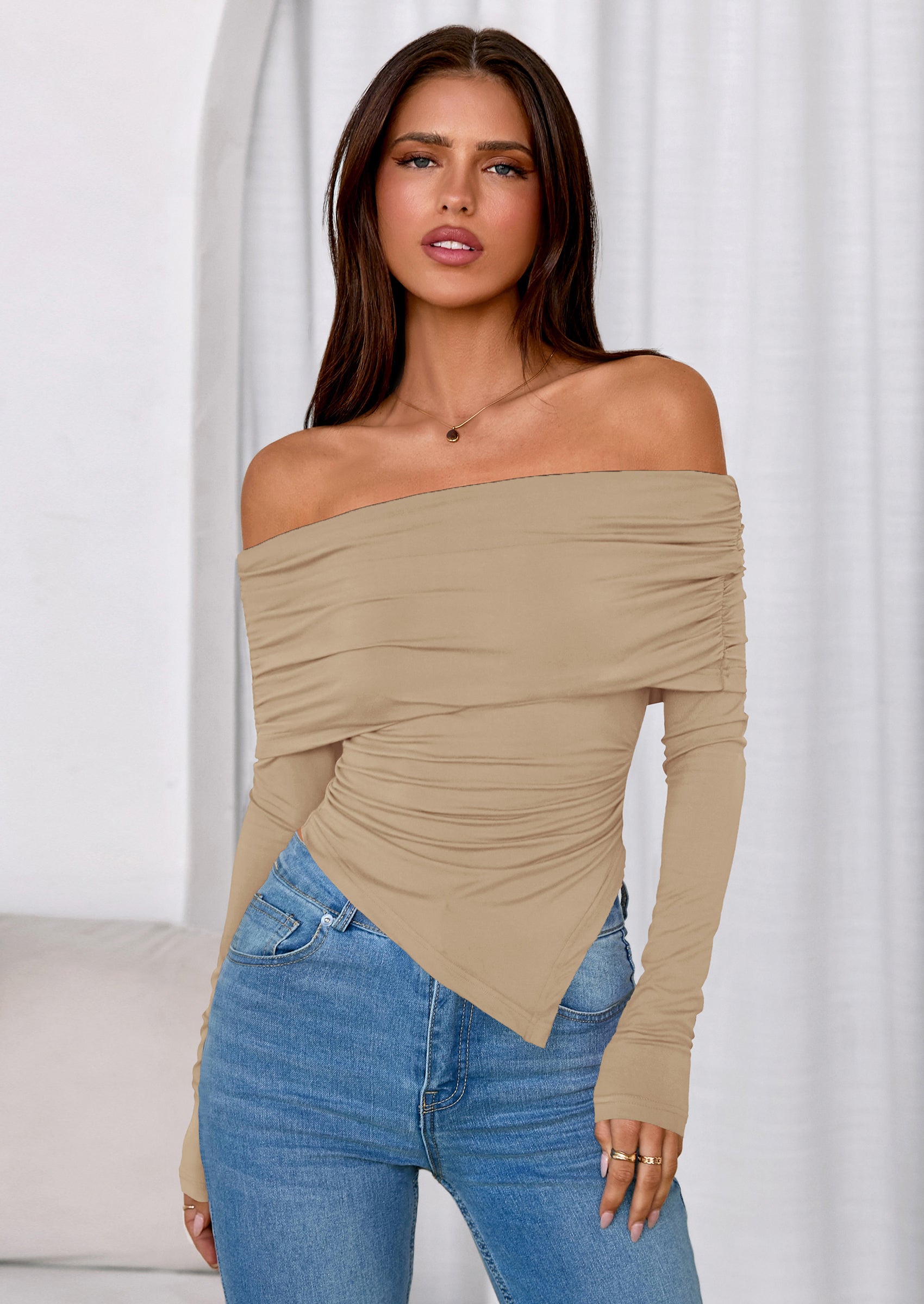 PRETTYGARDEN Women's Long Sleeve Shirts Off Shoulder Tops Going Out Slim Fitted Y2K Blouses Fall Fashion Clothes