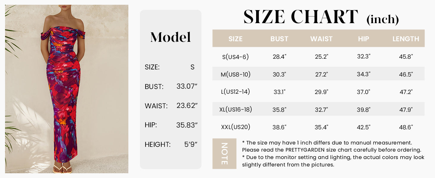 PRETTYGARDEN Maxi Dresses for Women Summer Elegant Floral Off Shoulder Ruched Mesh Cocktail Wedding Guest Dress