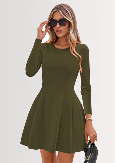 PRETTYGARDEN Long Sleeve Mini Dress for Women Fall Crewneck Knit Pleated Babydoll A Line Soft Casual Short Party Dresses