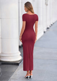 PRETTYGARDEN Women's Ruched Maxi Dress Summer Short Sleeve Asymmetric Neck Back Slit Bodycon Cocktail Party Long Dresses