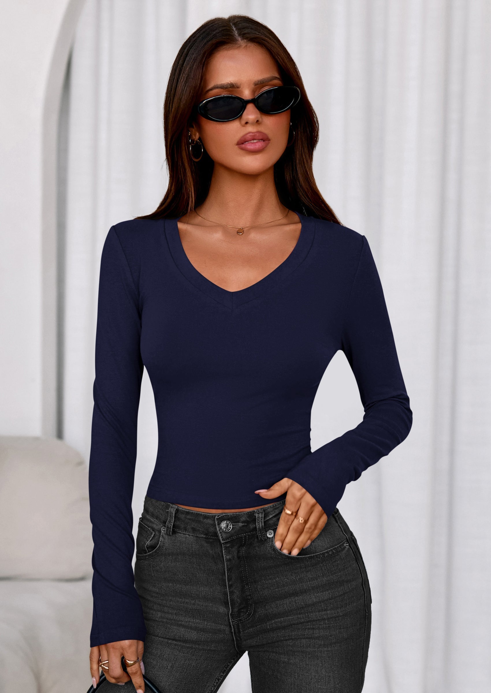 PRETTYGARDEN Womens Long Sleeve T Shirts Fall Trendy Deep V Neck Slim Fit Basic Crop Tops Casual Going Out Top PRETTYGARDEN