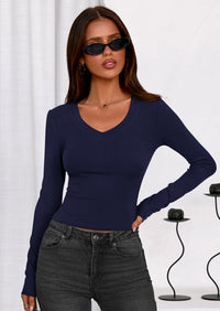 PRETTYGARDEN Womens Long Sleeve T Shirts Fall Trendy Deep V Neck Slim Fit Basic Crop Tops Casual Going Out Top PRETTYGARDEN