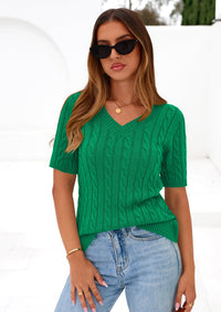 PRETTYGARDEN Womens Summer Short Sleeve Sweater Cable Knit V Neck Sweaters Shirts Fitted Work Tops Business Casual Outfits PRETTYGARDEN