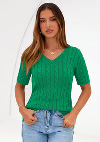 PRETTYGARDEN Womens Summer Short Sleeve Sweater Cable Knit V Neck Sweaters Shirts Fitted Work Tops Business Casual Outfits PRETTYGARDEN