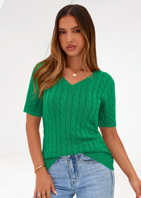 PRETTYGARDEN Womens Summer Short Sleeve Sweater Cable Knit V Neck Sweaters Shirts Fitted Work Tops Business Casual Outfits PRETTYGARDEN