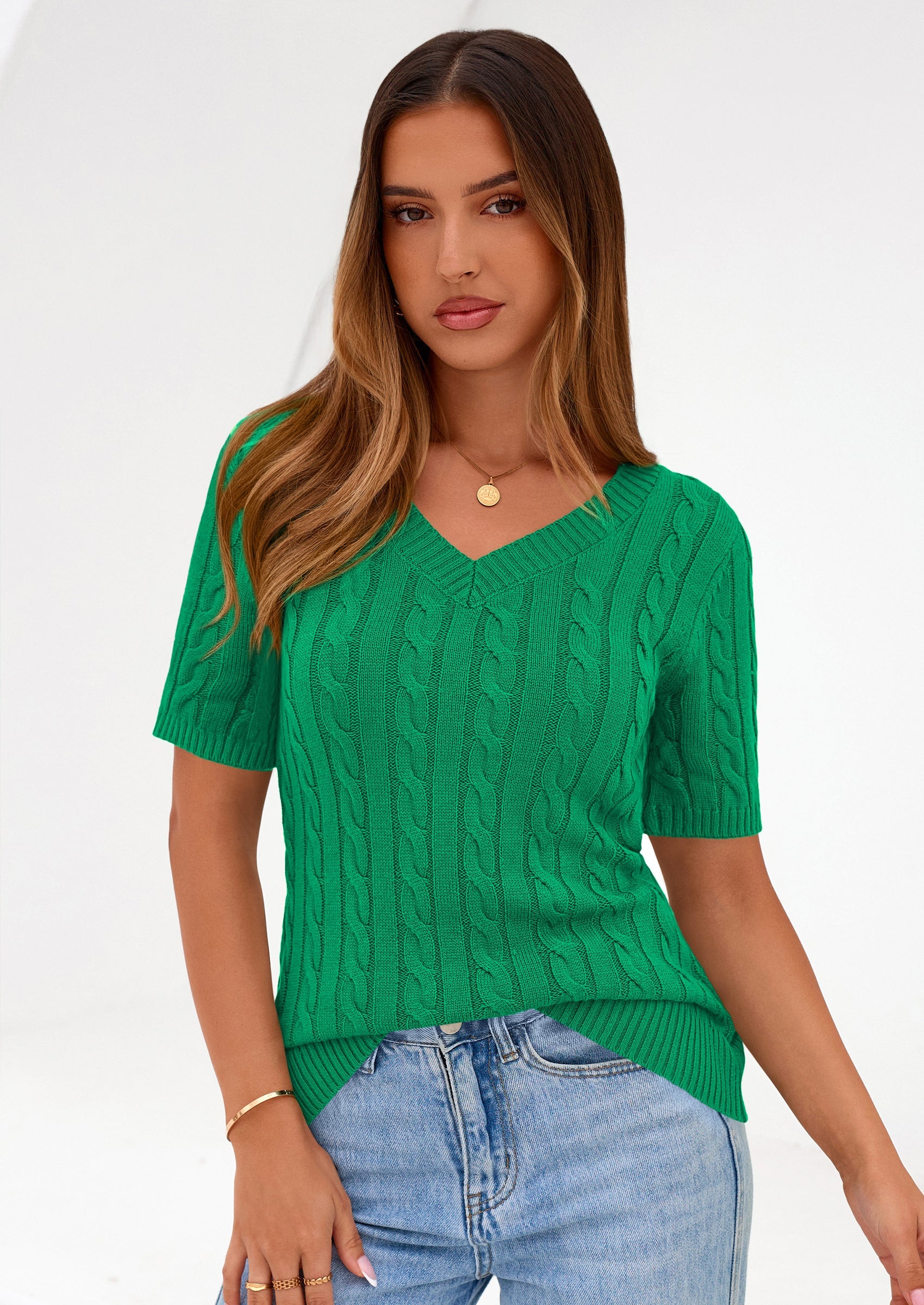 PRETTYGARDEN Womens Summer Short Sleeve Sweater Cable Knit V Neck Sweaters Shirts Fitted Work Tops Business Casual Outfits PRETTYGARDEN