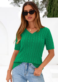 PRETTYGARDEN Womens Summer Short Sleeve Sweater Cable Knit V Neck Sweaters Shirts Fitted Work Tops Business Casual Outfits PRETTYGARDEN