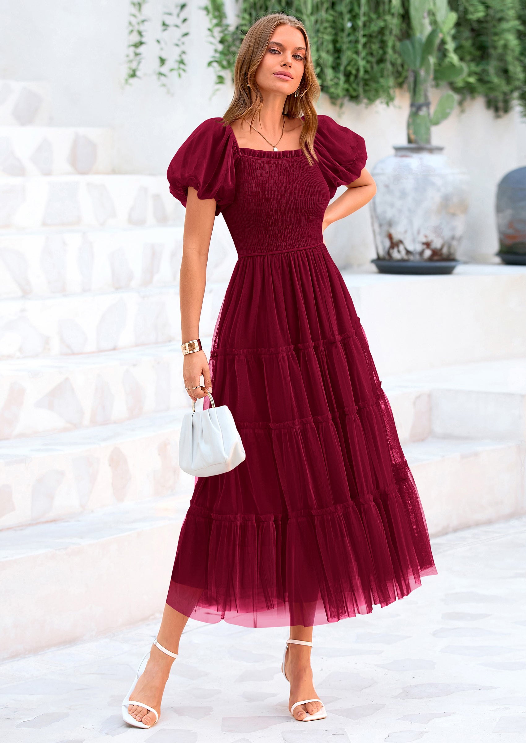 PRETTYGARDEN Women's Smocked Tulle Midi Dress Square Neck Puffy Short Sleeve Ruffle Wedding Guest Party Dresses