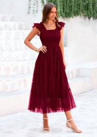 PRETTYGARDEN Women's Tulle Midi Dress Sleeveless Smocked Ruffle Mesh Flowy Dresses Party Wedding Guest Sundress