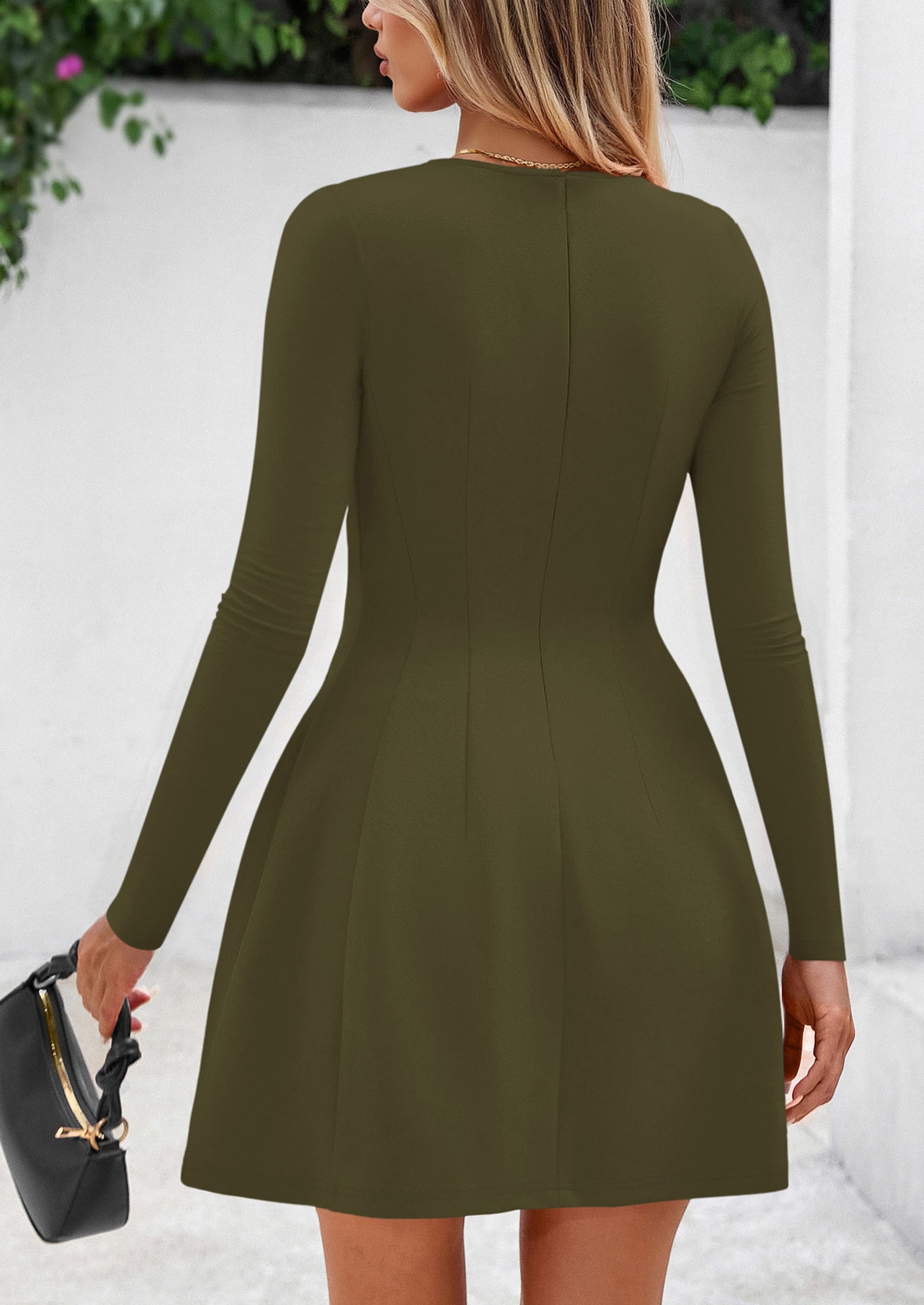 PRETTYGARDEN Long Sleeve Mini Dress for Women Fall Crewneck Knit Pleated Babydoll A Line Soft Casual Short Party Dresses