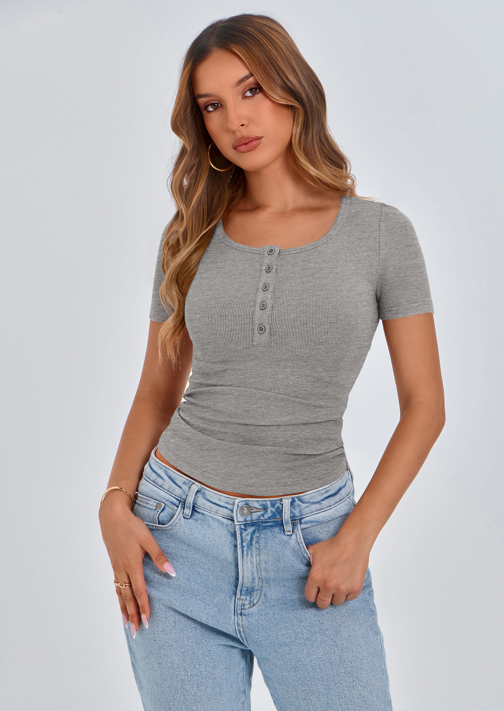 PRETTYGARDEN Women's Spring Summer Short Sleeve Tops Ribbed Henley Button Slim Fit Basic Casual T Shirts Blouse Clothing