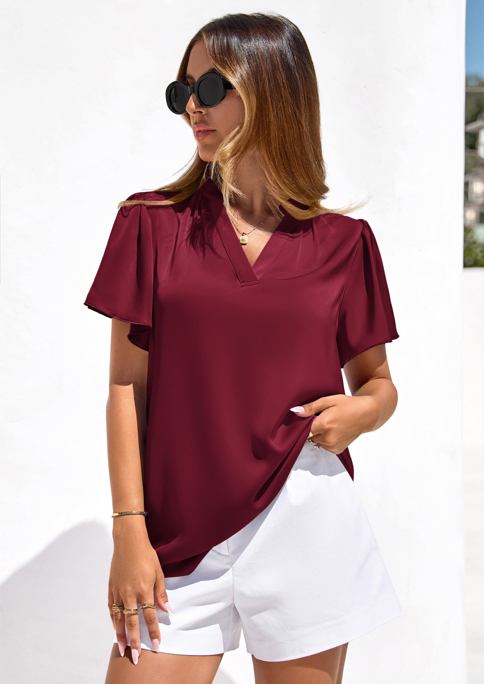 PRETTYGARDEN Women's Summer Blouses Dressy Casual Ruffle Cap Sleeve V Neck Business Work Trendy Cute Tops Spring Outfits PRETTYGARDEN