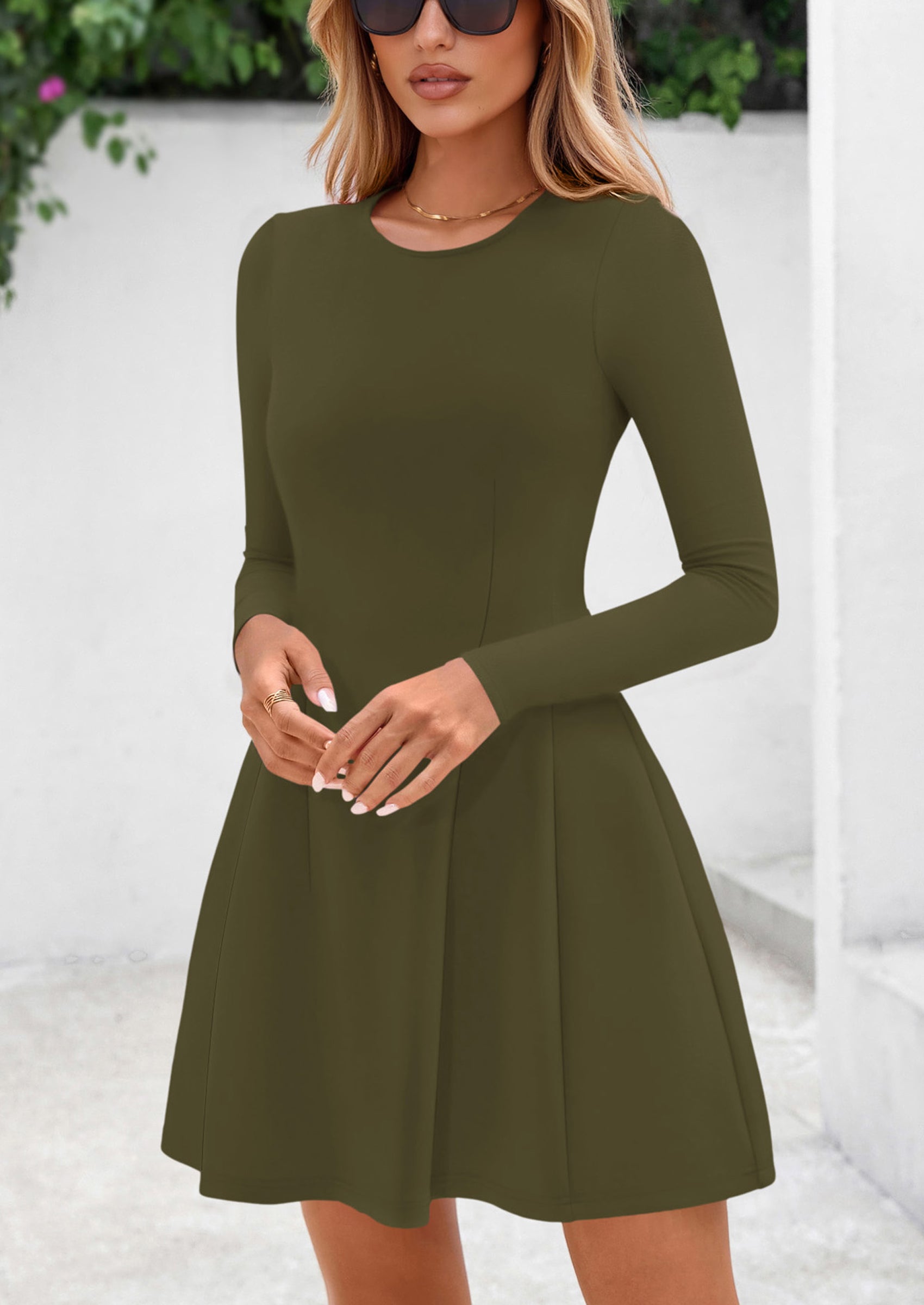 PRETTYGARDEN Long Sleeve Mini Dress for Women Fall Crewneck Knit Pleated Babydoll A Line Soft Casual Short Party Dresses