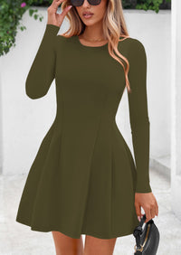 PRETTYGARDEN Long Sleeve Mini Dress for Women Fall Crewneck Knit Pleated Babydoll A Line Soft Casual Short Party Dresses