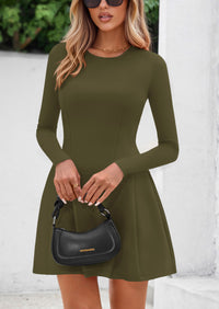 PRETTYGARDEN Long Sleeve Mini Dress for Women Fall Crewneck Knit Pleated Babydoll A Line Soft Casual Short Party Dresses