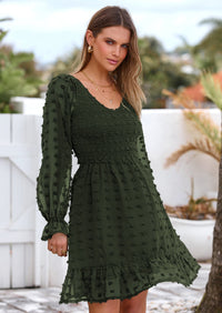 BTFBM Spring Dresses for Women 2026 Long Sleeve Casual V Neck Swiss Dot Smocked Ruffle Chiffon Flowy Mini Summer Dress PRETTYGARDEN