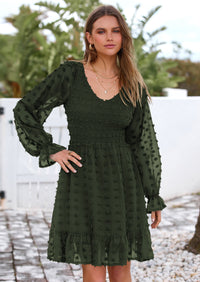 BTFBM Spring Dresses for Women 2026 Long Sleeve Casual V Neck Swiss Dot Smocked Ruffle Chiffon Flowy Mini Summer Dress PRETTYGARDEN