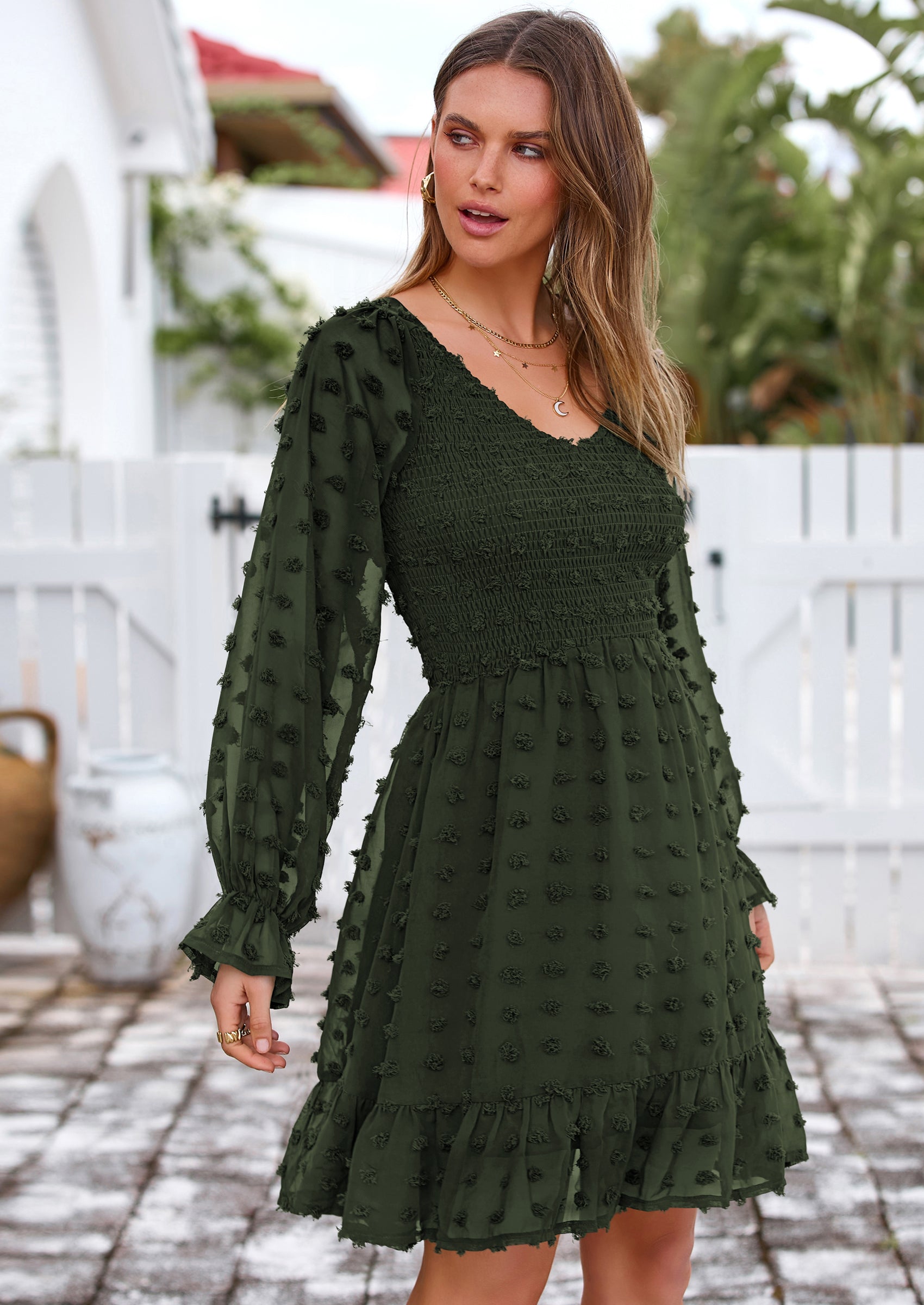 BTFBM Spring Dresses for Women 2026 Long Sleeve Casual V Neck Swiss Dot Smocked Ruffle Chiffon Flowy Mini Summer Dress PRETTYGARDEN