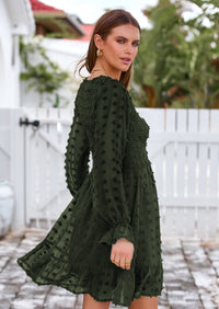 BTFBM Spring Dresses for Women 2026 Long Sleeve Casual V Neck Swiss Dot Smocked Ruffle Chiffon Flowy Mini Summer Dress PRETTYGARDEN