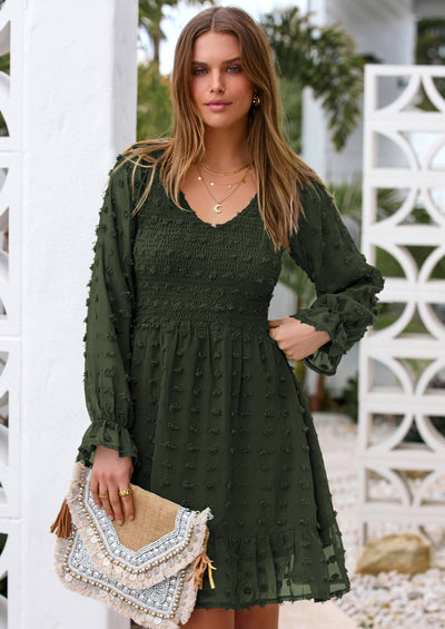 BTFBM Spring Dresses for Women 2026 Long Sleeve Casual V Neck Swiss Dot Smocked Ruffle Chiffon Flowy Mini Summer Dress PRETTYGARDEN