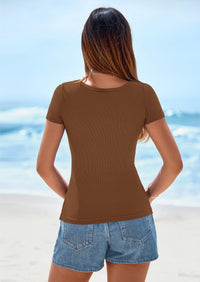 PRETTYGARDEN Womens Summer Tops Spring Trendy Short Sleeve Scoop Neck Ribbed Knit Slim Fitted Casual Basic Tee Shirts PRETTYGARDEN