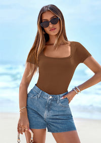 PRETTYGARDEN Womens Summer Tops Spring Trendy Short Sleeve Scoop Neck Ribbed Knit Slim Fitted Casual Basic Tee Shirts PRETTYGARDEN