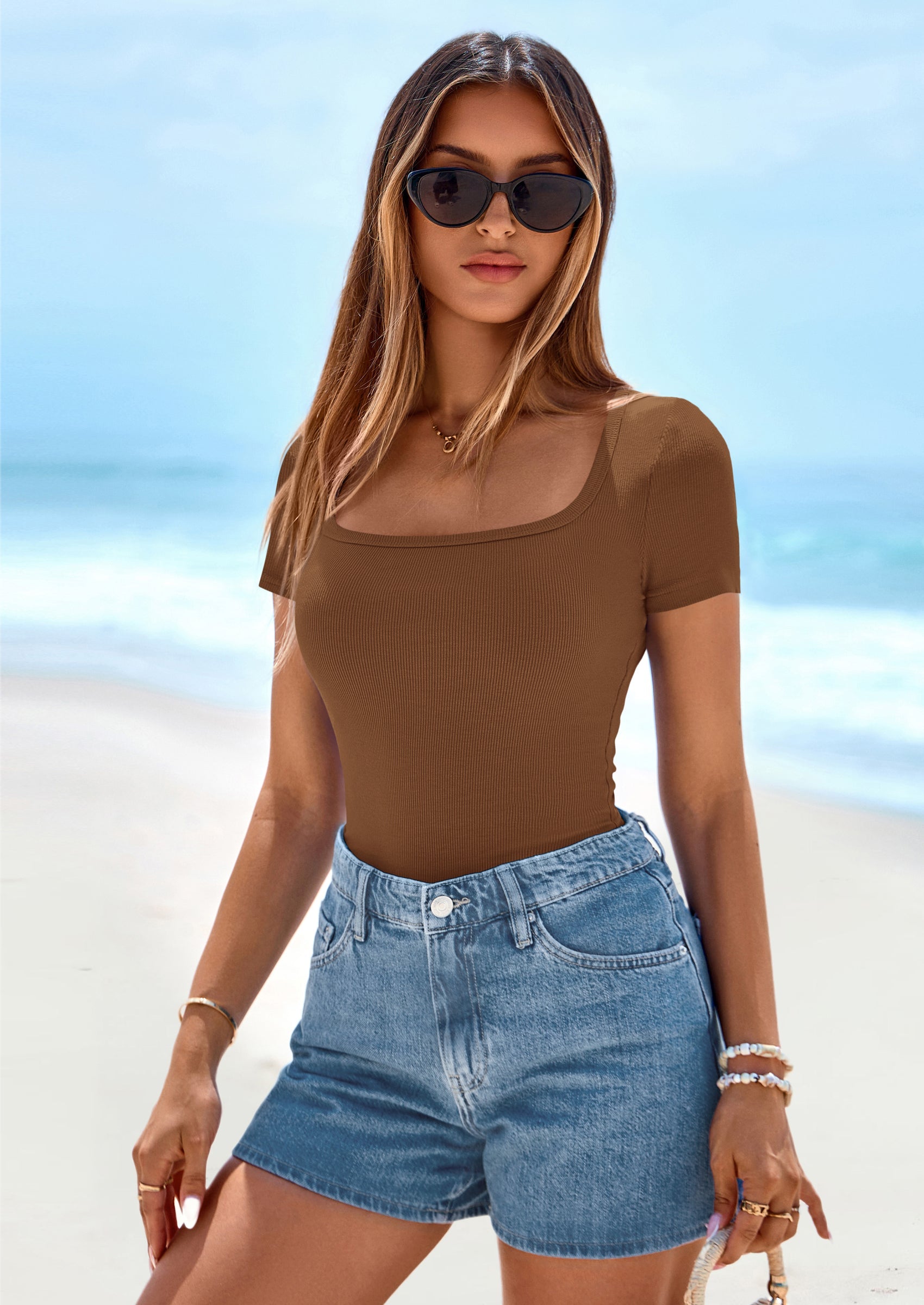 PRETTYGARDEN Womens Summer Tops Spring Trendy Short Sleeve Scoop Neck Ribbed Knit Slim Fitted Casual Basic Tee Shirts PRETTYGARDEN