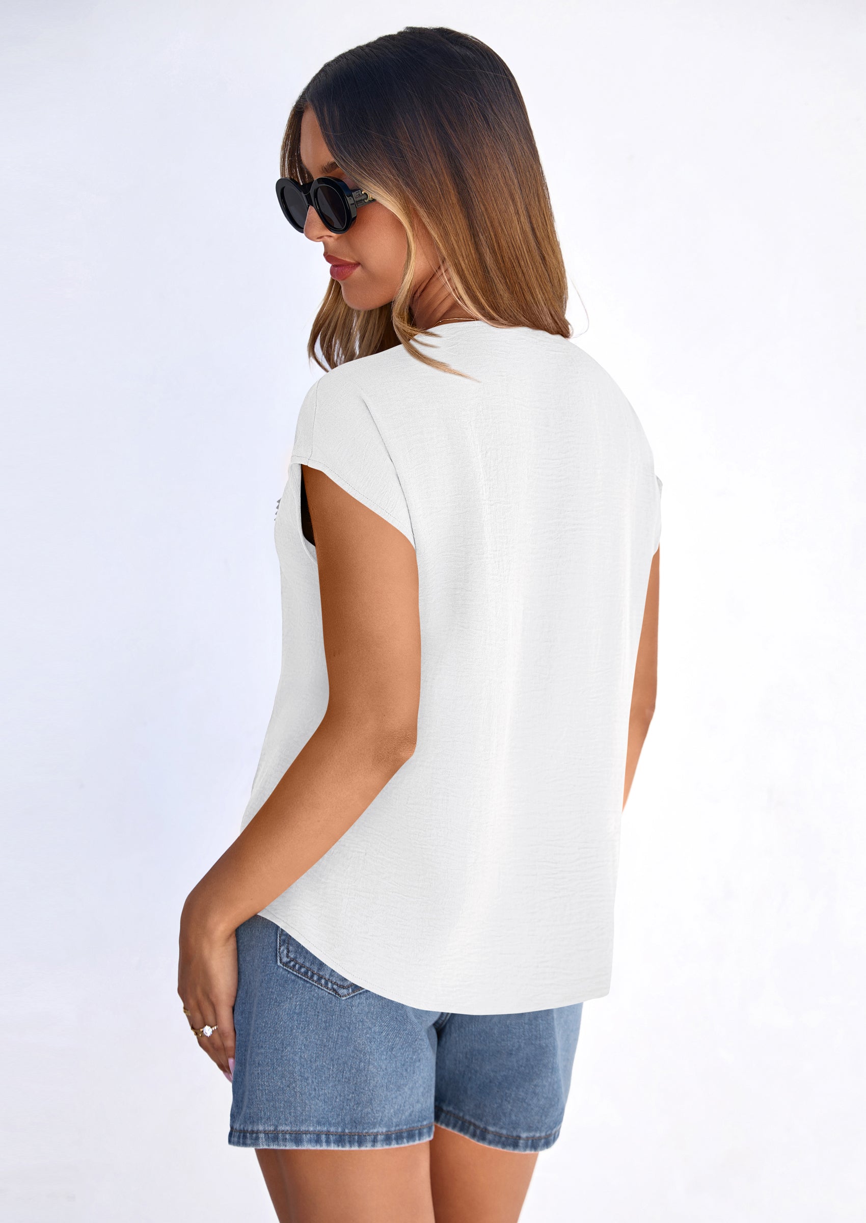 PRETTYGARDEN Spring Tops for Women Summer Fashion Clothes Dressy Casual Blouses Cap Sleeve V Neck Shirts Work Outfits PRETTYGARDEN