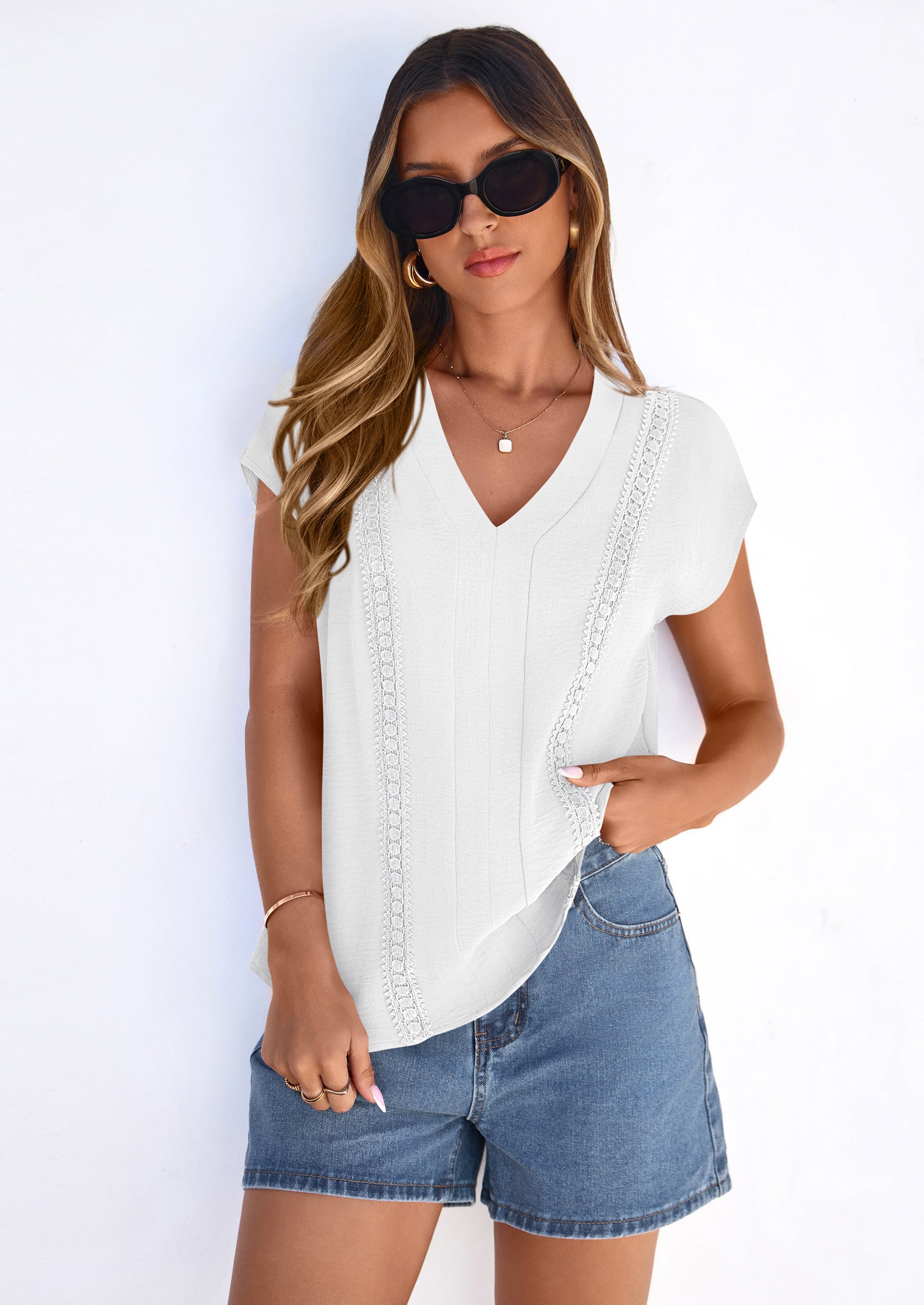 PRETTYGARDEN Spring Tops for Women Summer Fashion Clothes Dressy Casual Blouses Cap Sleeve V Neck Shirts Work Outfits PRETTYGARDEN