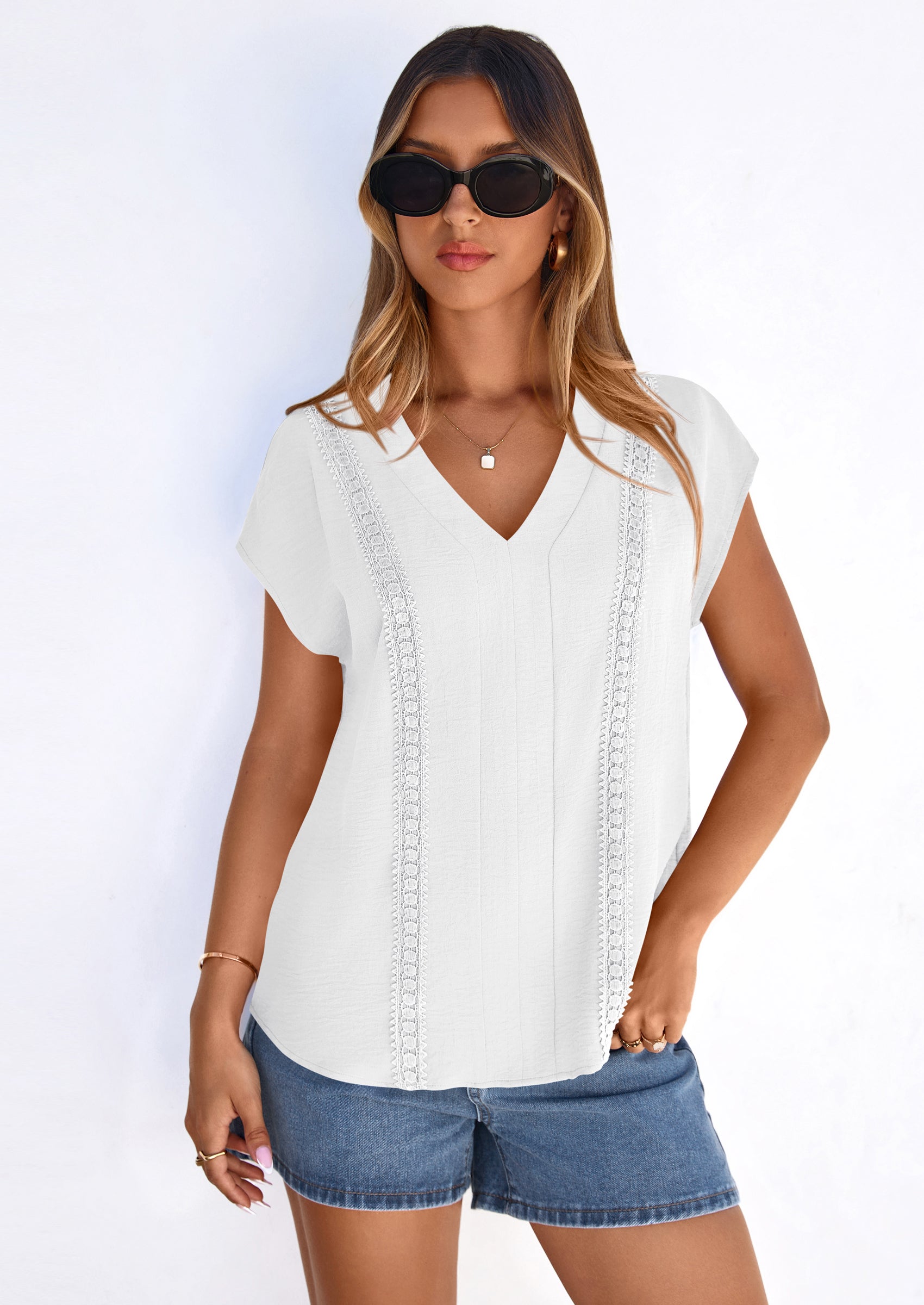 PRETTYGARDEN Spring Tops for Women Summer Fashion Clothes Dressy Casual Blouses Cap Sleeve V Neck Shirts Work Outfits PRETTYGARDEN