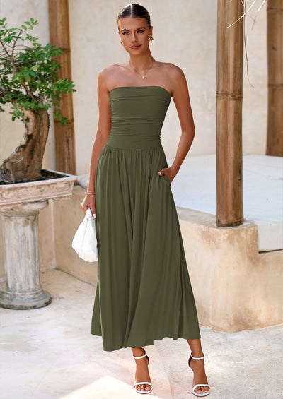 BTFBM Summer Maxi Dresses for Women Strapless Ruched Tube Top Beach Vacation Spring Wedding Guest Dress Pockets PRETTYGARDEN