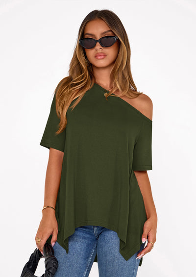 PRETTYGARDEN Off The Shoulder Tops for Women Summer Short Sleeve Asymmetrical Oversized Tee Shirts Casual Spring Clothes PRETTYGARDEN