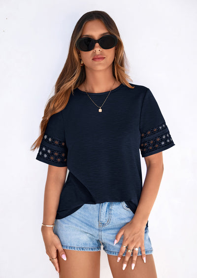 PRETTYGARDEN Summer Tops for Women Lace Short Sleeve T-Shirts Casual Blouses Spring Fashion Clothes Vacation Outfits PRETTYGARDEN