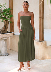 BTFBM Summer Maxi Dresses for Women Strapless Ruched Tube Top Beach Vacation Spring Wedding Guest Dress Pockets PRETTYGARDEN