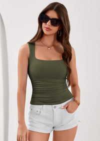 PRETTYGARDEN Tank Top for Women Summer Sleeveless Square Neck Double Lined Ruched Crop Tops Spring Going Out Y2k Clothes PRETTYGARDEN