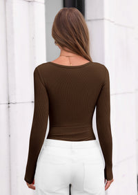 PRETTYGARDEN Bodysuits for Women Fall Long Sleeve Body Suits Scoop Neck Ribbed Knit Fitted Basic Tops Soft Tee Shirts